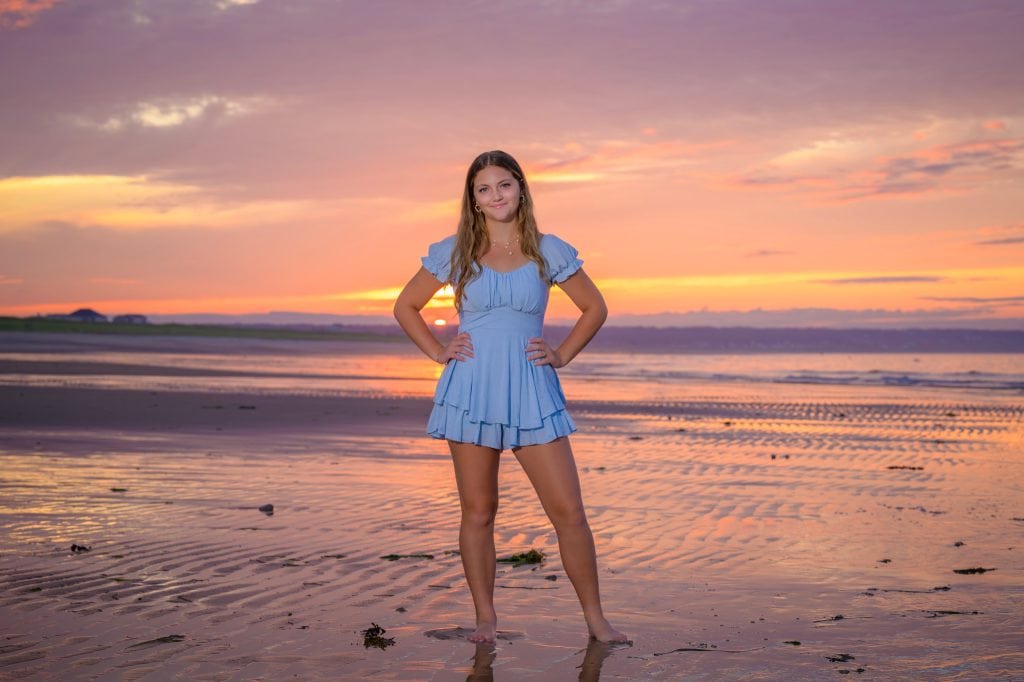 high school senior portrait at sunset on the beach on Cape Cod, Plymouth, Bourne, Wareham, MA